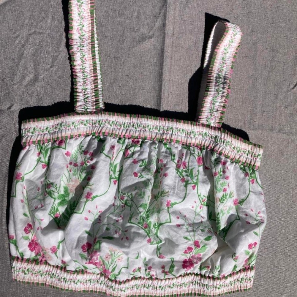 Fairy Japna white cotton crop top with green & pink floral print Cottage Floral